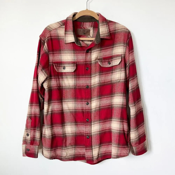 Orvis Mens Plaid Heavyweight Flannel Shacket Shirt Red Outdoor Chore Work Barn - Picture 1 of 11